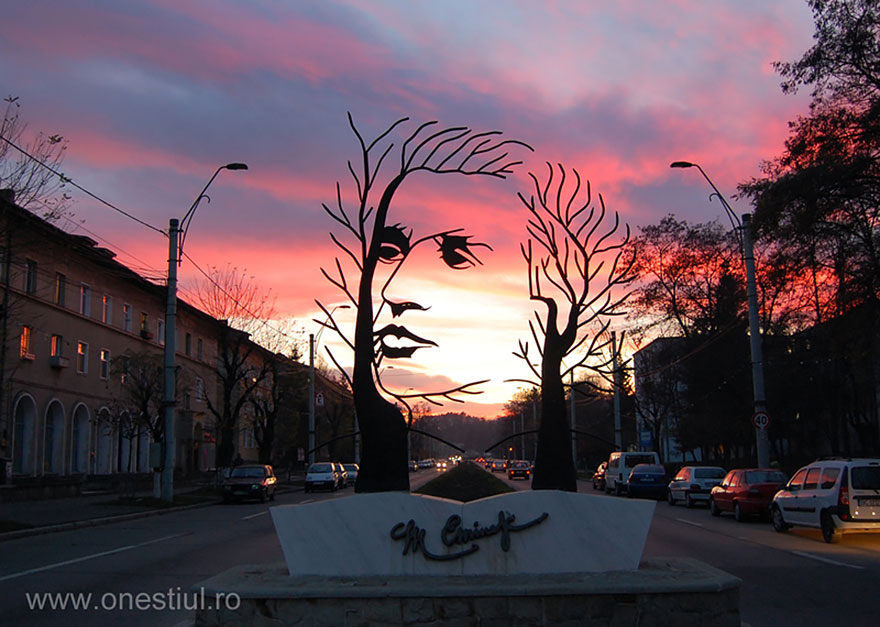 Poet Mihai Eminescu's Face In Onesti, Romania