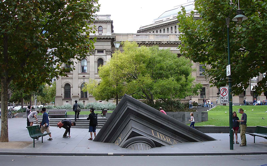 Sinking Building Outside State Library, Melbourne, Australia