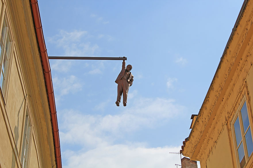 Hanging Man Statue In Prague, Czech Republic